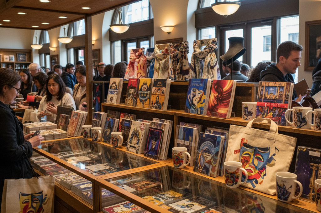 Stylish theater merchandise booth showcasing artistic designs Wide shot of a theater merchandise booth with creative themed products under natural and ambient light