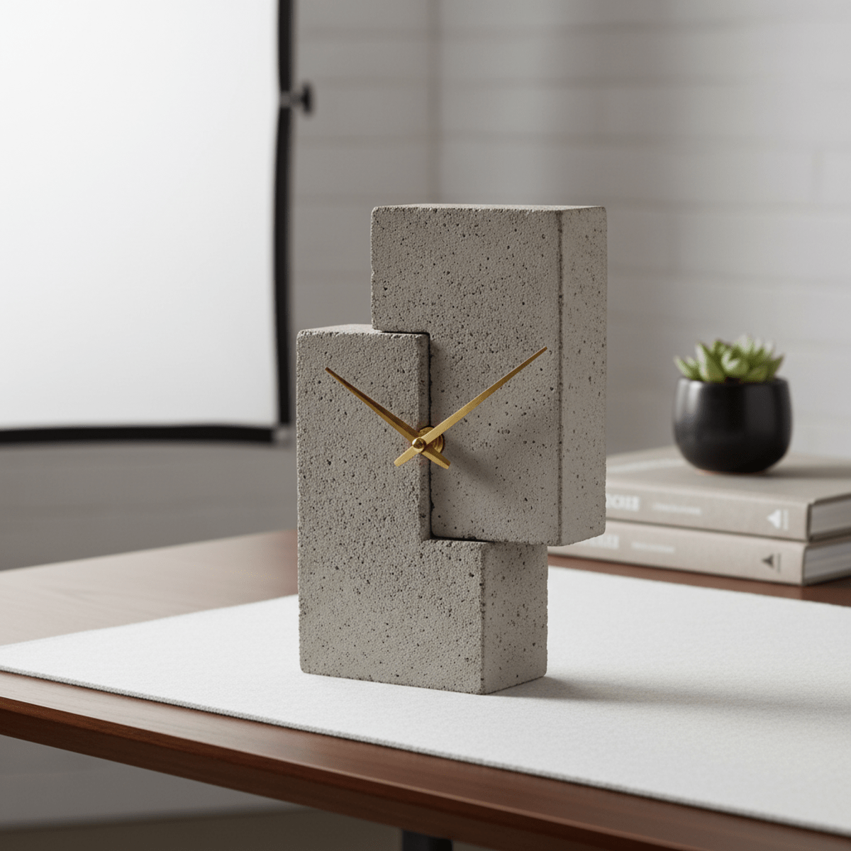 Brutalist concrete clock with polished brass hands on a modern office desk.