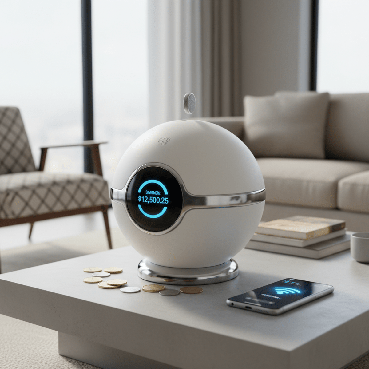 Futuristic voice-activated savings sphere with blue digital screen Sleek matte white sphere piggy bank with voice activation and digital savings display.