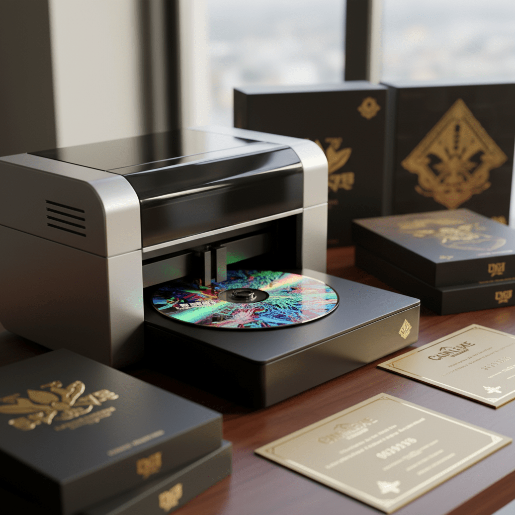 Professional printer creating vibrant game disc artwork with holographic and textured finishes.