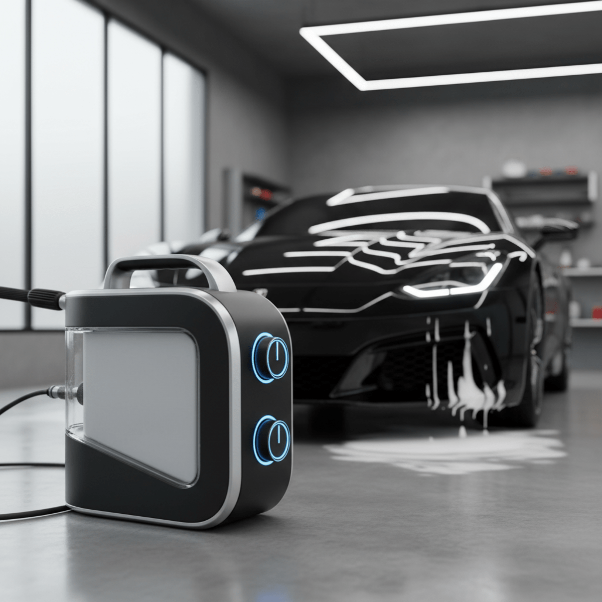 Sleek pressure washer applying thick foam to a glossy black sports car in a garage.