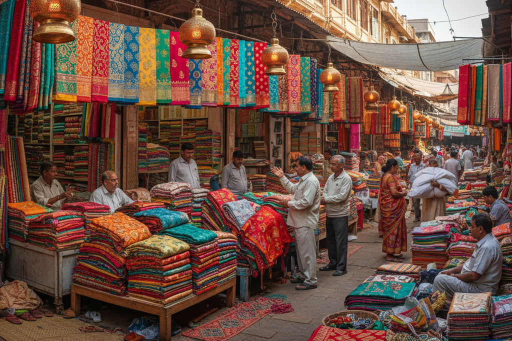 Busy marketplace showcasing colorful traditional clothing ahead of festive season under natural light