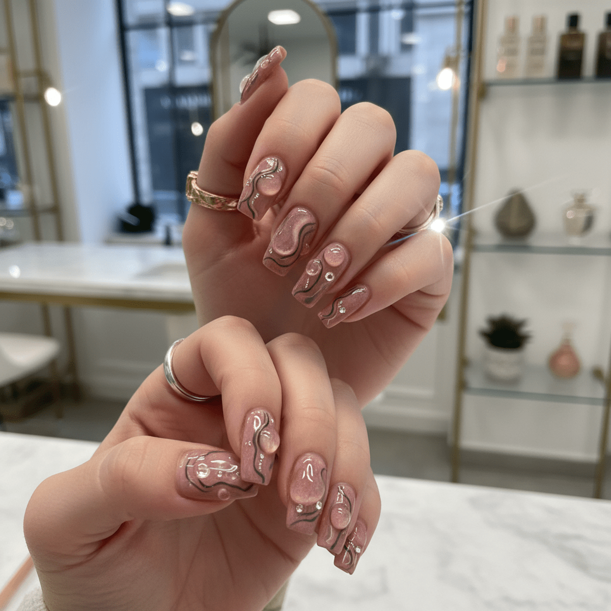 Maximalist nails with 3D sculptural water droplets on dusty rose textured matte finish.