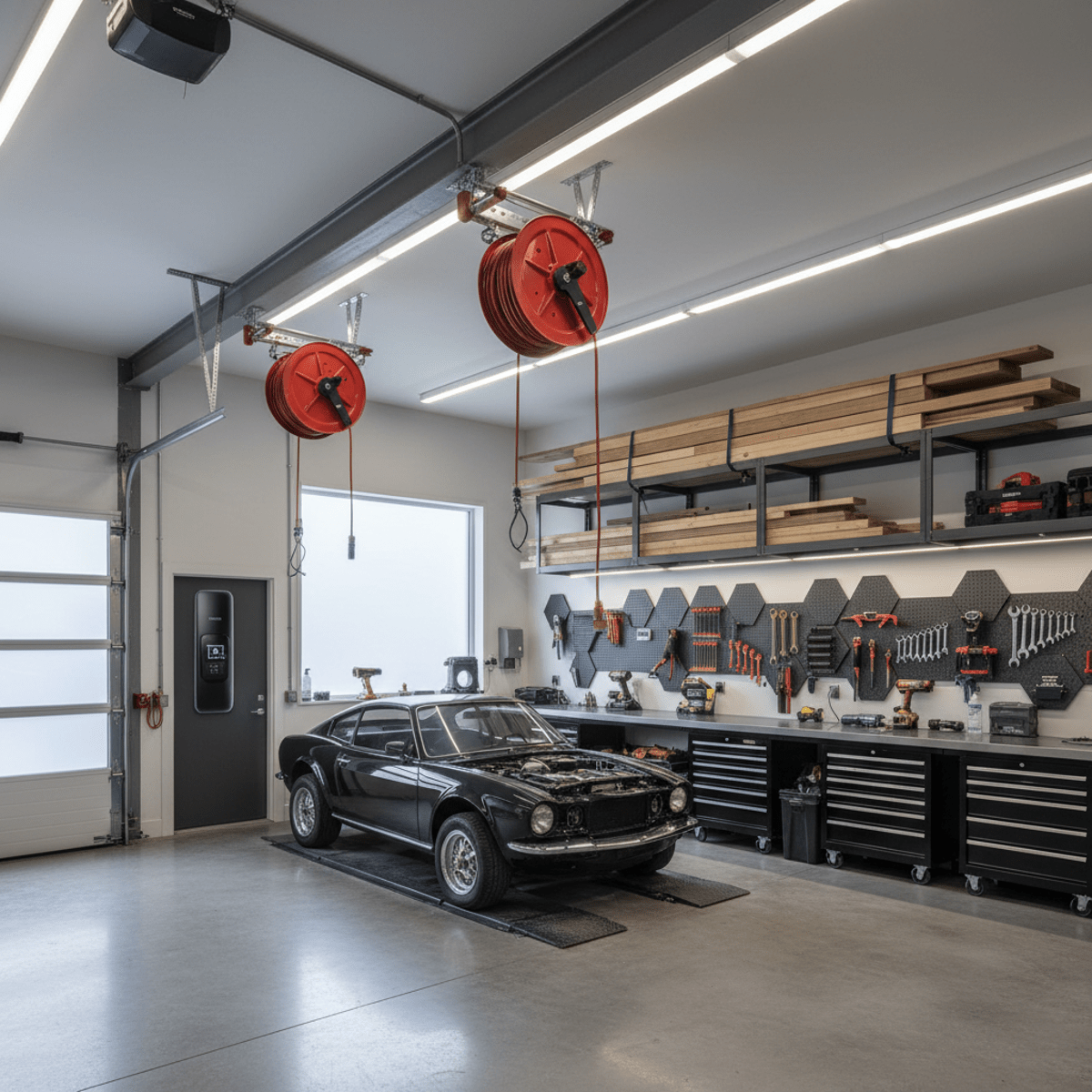 Sleek modern garage workshop with organized storage and bright LED lighting.