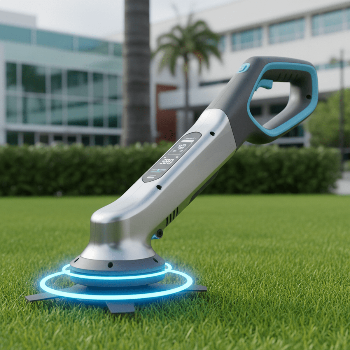 Futuristic whipper snipper with sonic head beside vibrant green hospital landscaping.
