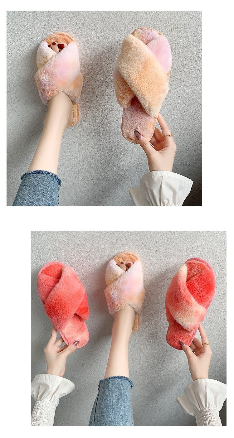 Indoor House Furry Slippers Women Winter Warm Shoes Slides Plush Flat Slipper