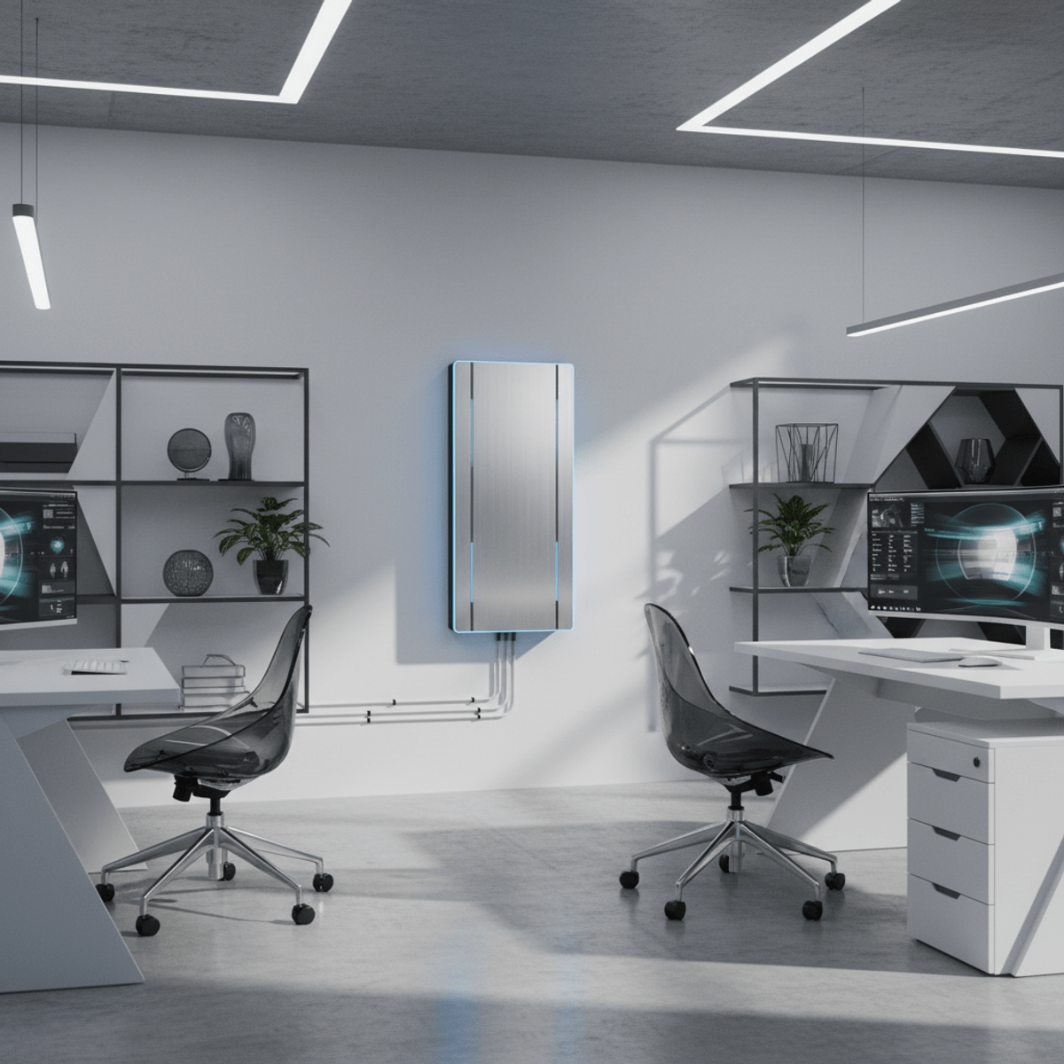 Brushed aluminum wall-mounted UPS in a minimalist futuristic office workspace.