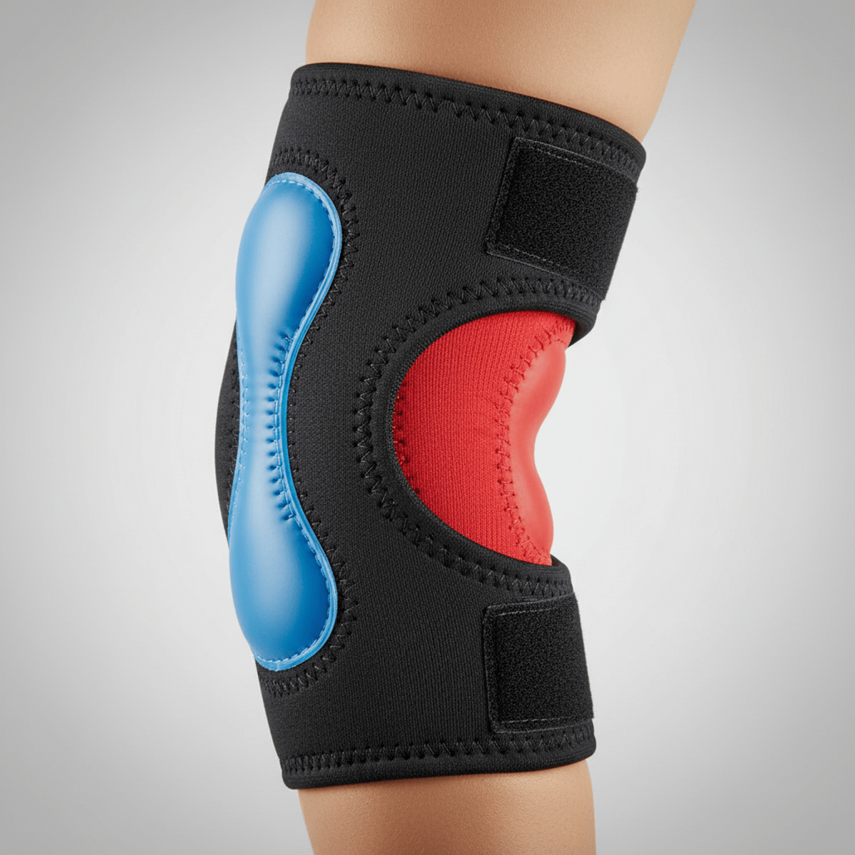 Close-up of an advanced elbow brace with dual gel pack compartments for therapy.