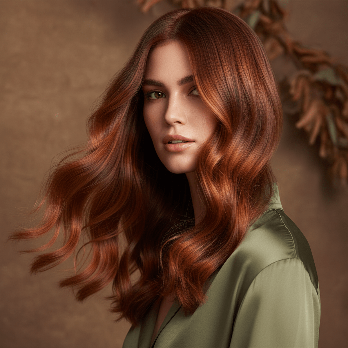 Model with vibrant, liquid-like hair blending botanical copper to auburn tones.