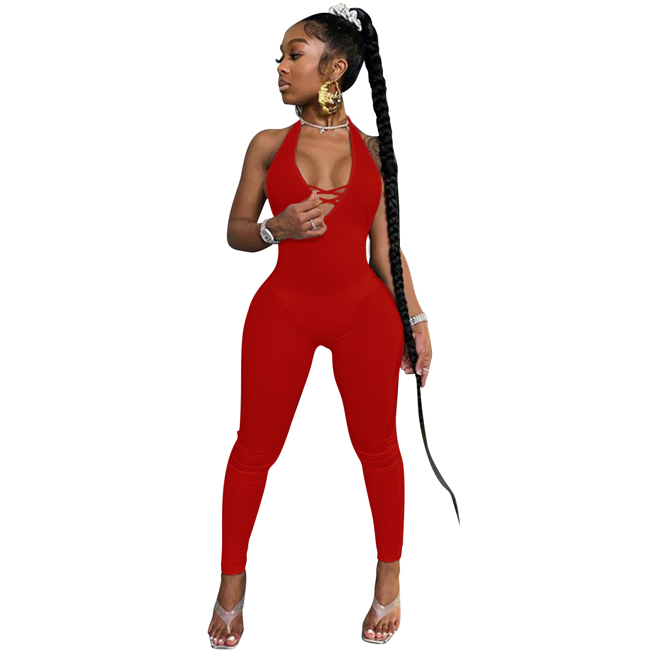 Летний спортивный сексуальный комбинезон с лямкой на шее и глубоким v-образным вырезом