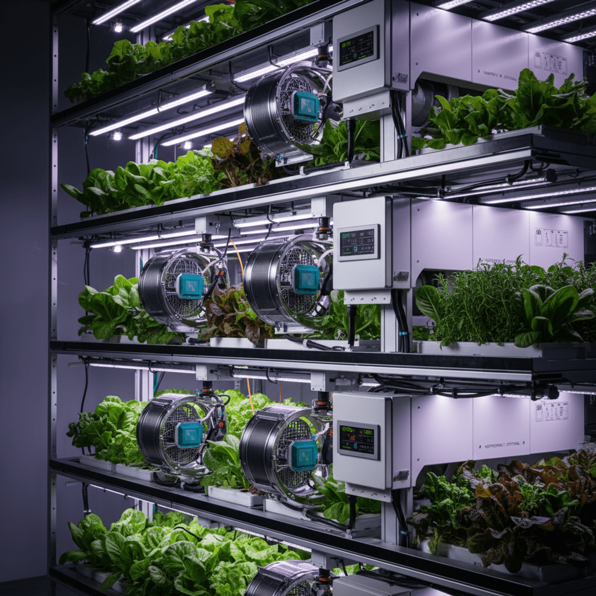 Modular growing levels in a high-tech vertical farm with lush plants. High-tech vertical farm interior with lush plants and sleek environmental controls.