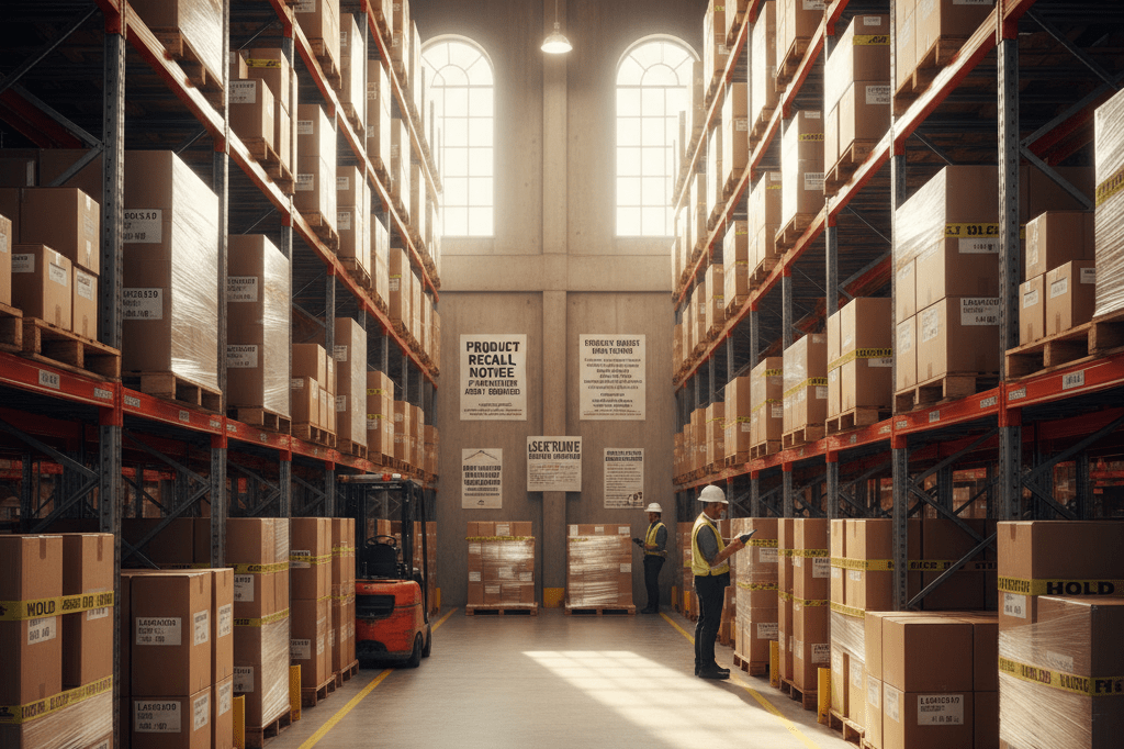 Warehouse storage area with labeled boxes under natural and ambient light symbolizing effective food safety protocols