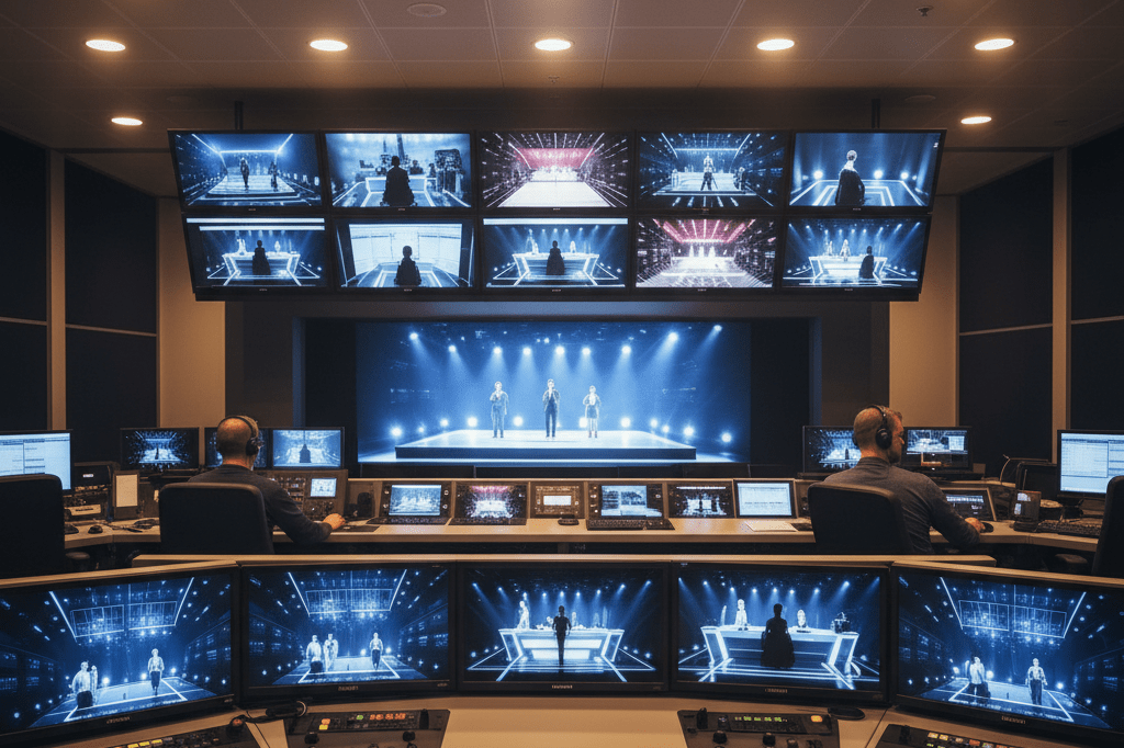 Wide shot of a glowing control room filled with monitors showcasing talent competition scenes under ambient lighting