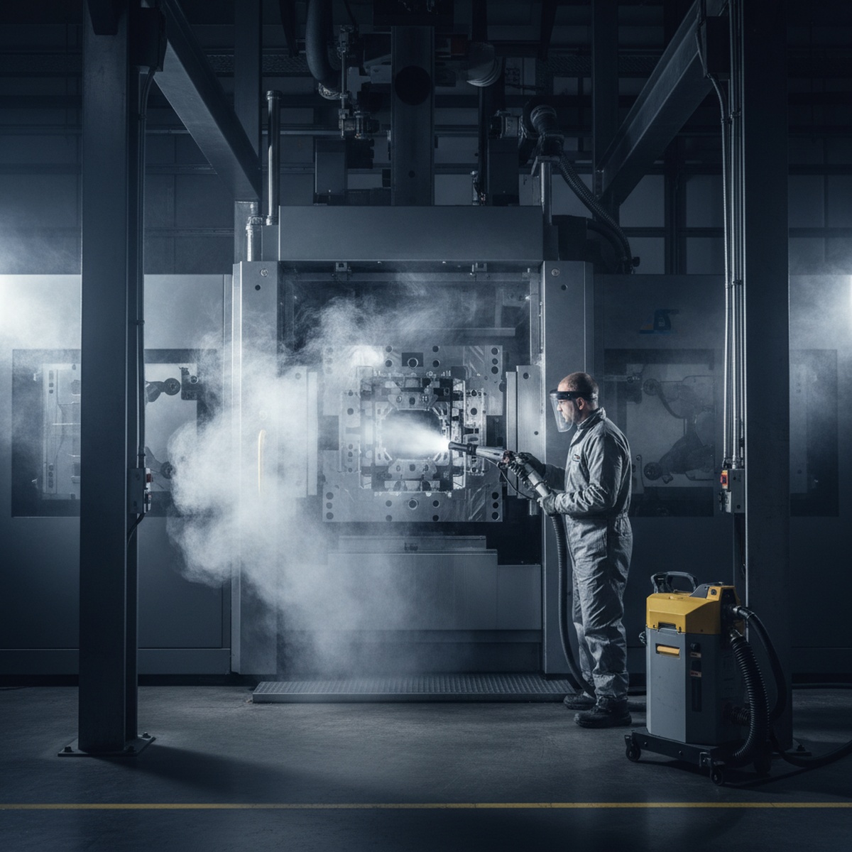 Technician uses dry ice blasting on a complex injection mold in a modern factory.