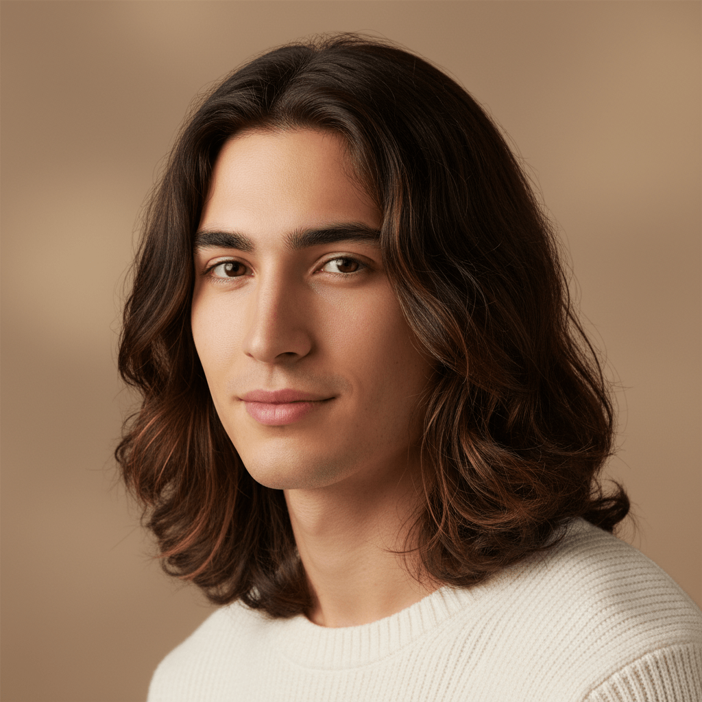 Young man with long layered hair showcasing organic air-dried waves and smooth texture.