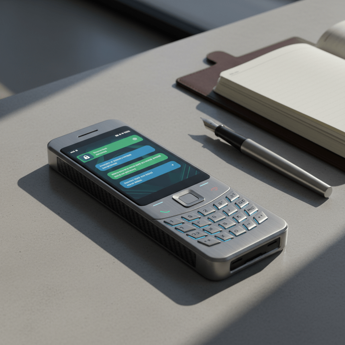 Futuristic keypad phone with QWERTY keys on a modern workspace with notebook.