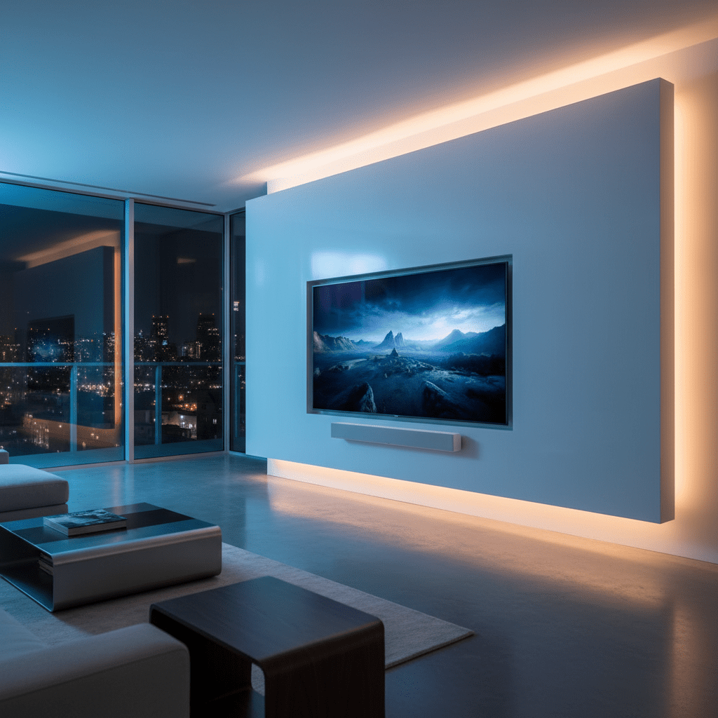 Seamlessly integrated futuristic TV in a modern condo with hidden wires and polished concrete.