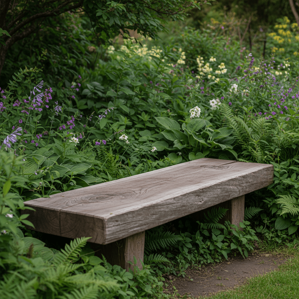Massive wooden outdoor bench with visible saw marks in a lush garden.