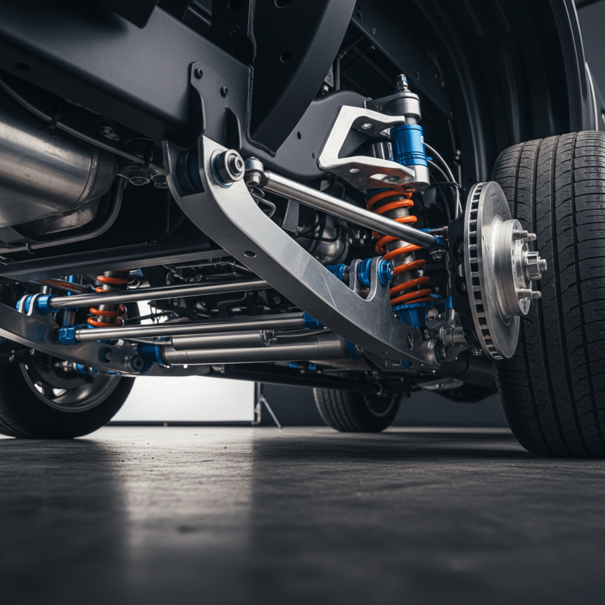Custom sport truck suspension with billet aluminum, coilover shocks, and disc brakes.