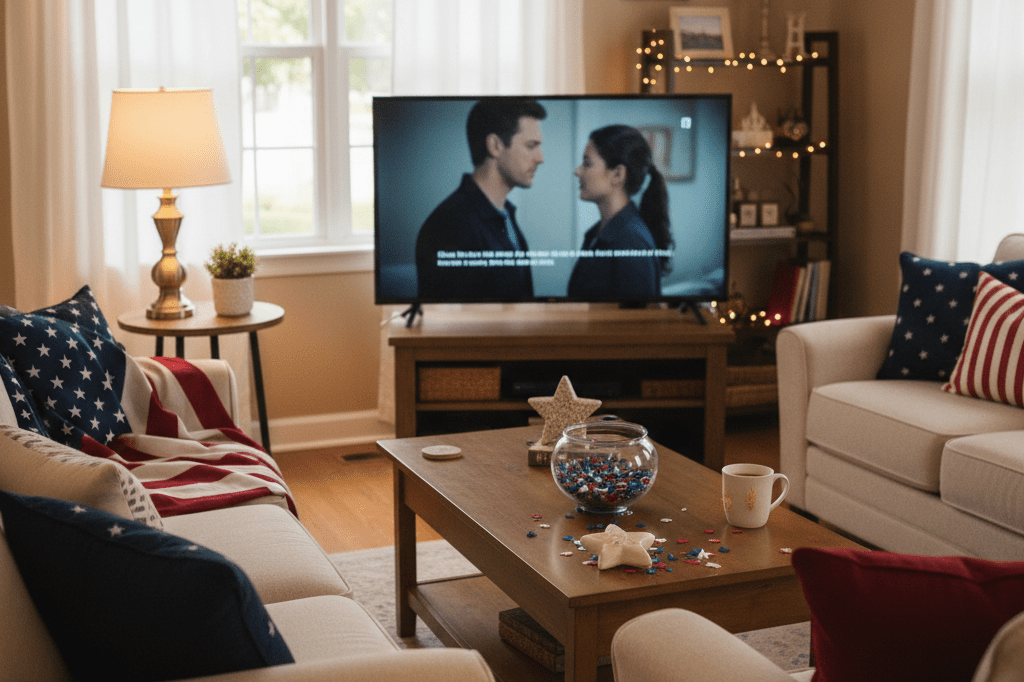 Cozy living room scene with patriotic decor and a paused TV screen under warm ambient lighting