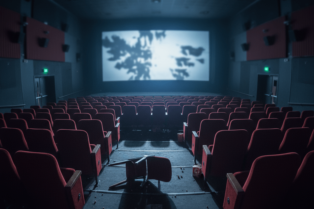 Wide shot of dimly lit theater with dramatic screen shadows and overturned chair suggesting high-stakes tension