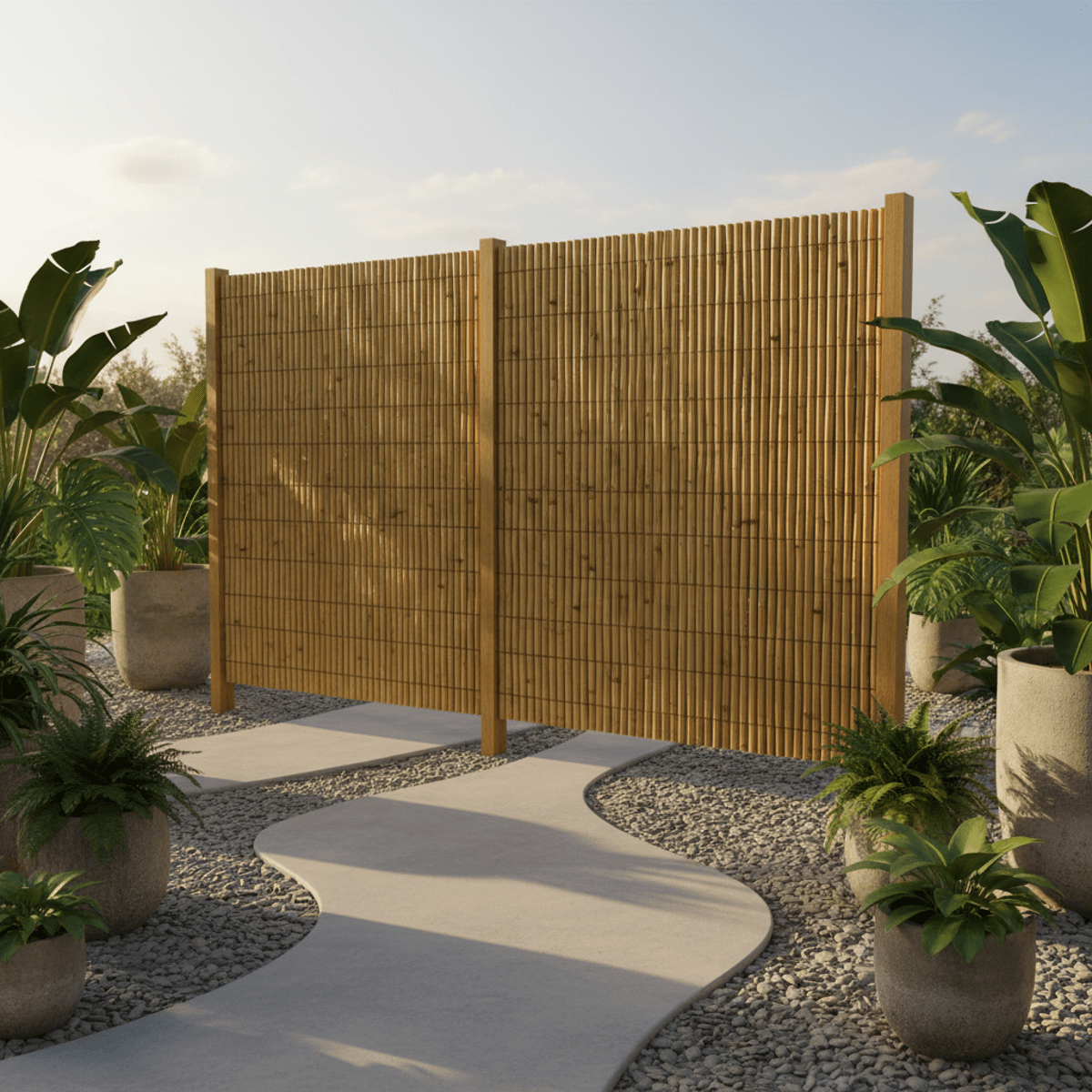 Rolled bamboo fencing creates an opaque privacy screen in a contemporary backyard with stone paths.