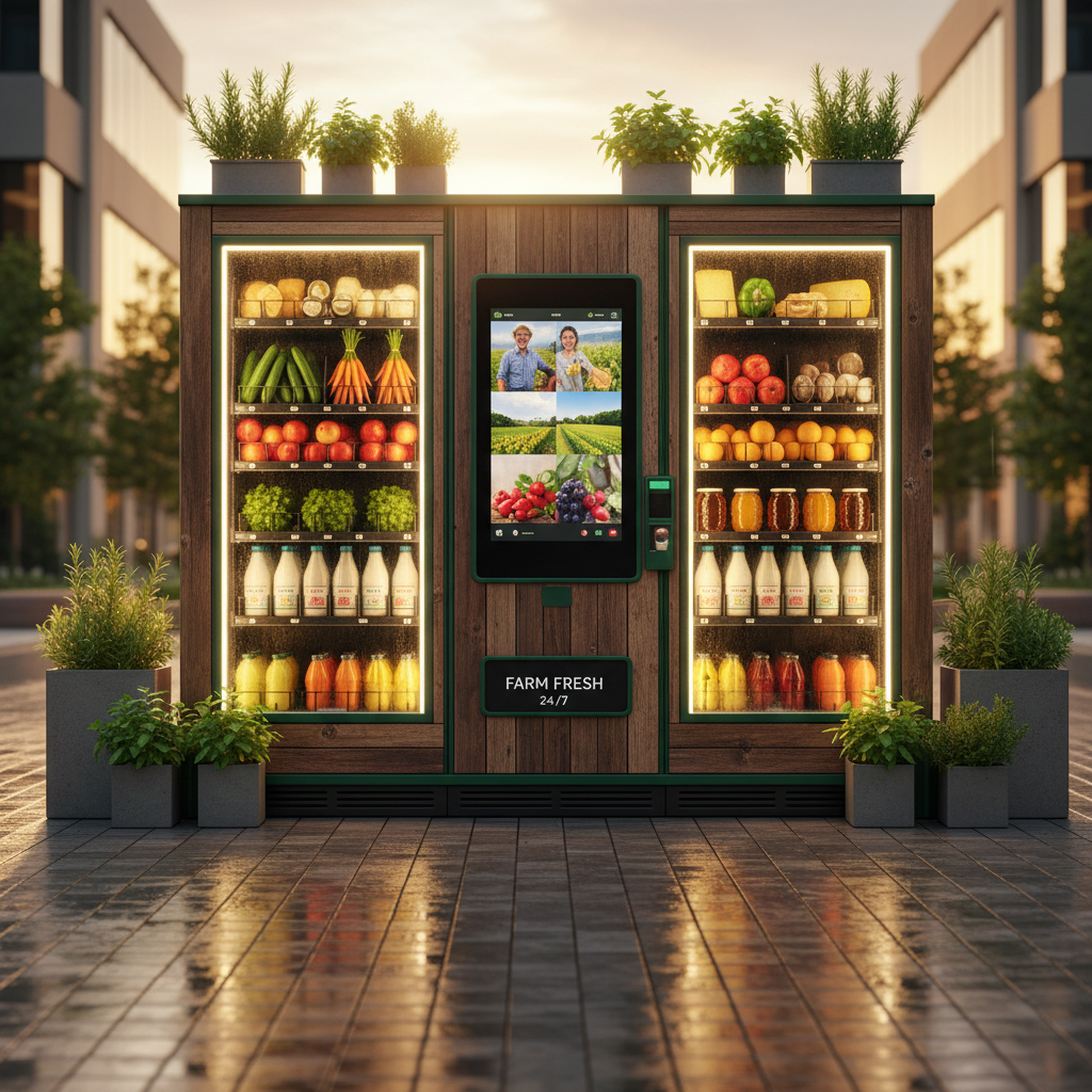Rustic outdoor vending machine with climate-controlled compartments stocked with farm-fresh produce.
