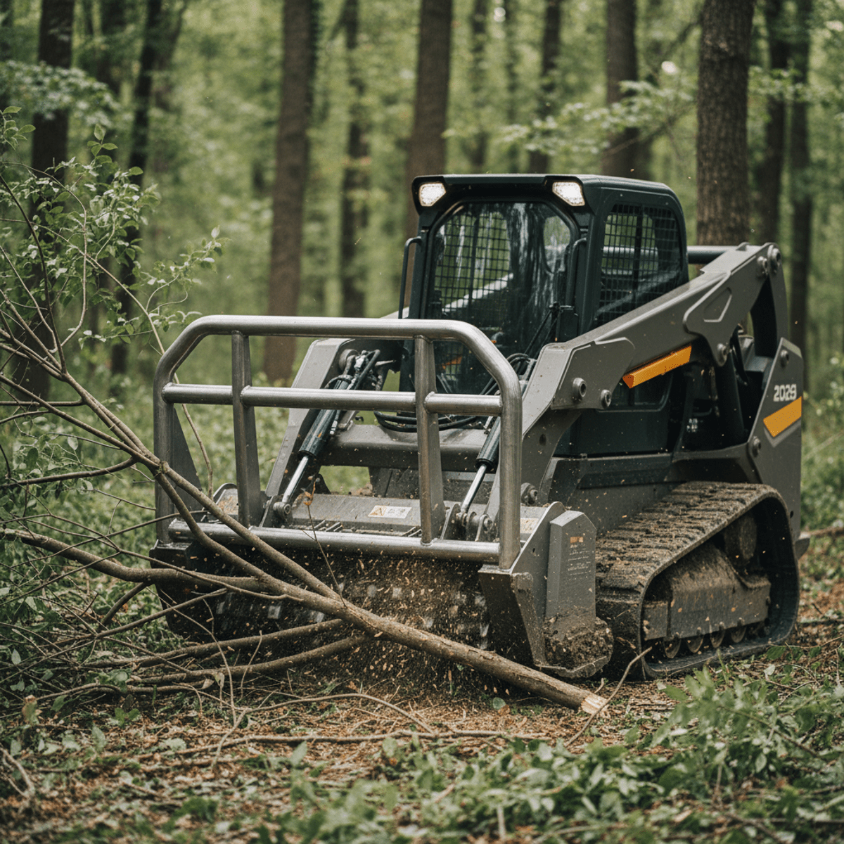 Futuristic mulcher on skid steer clearing dense forest with hydraulic arms.