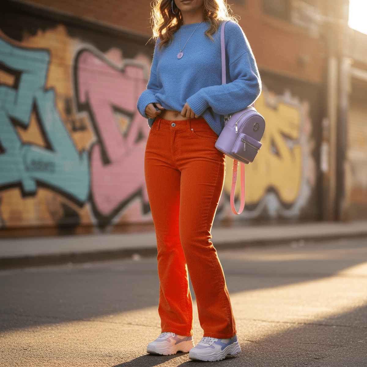 Woman in vibrant tangerine corduroy pants and lavender accessories on a sunlit urban street.
