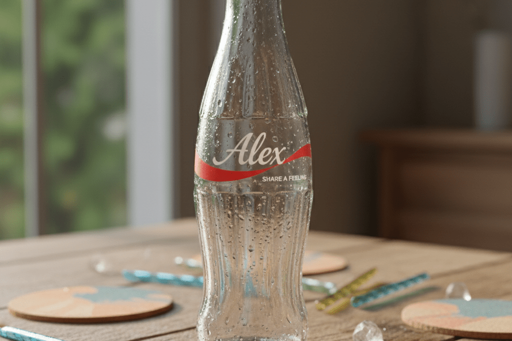 Sleek Coca-Cola bottle with custom label resting on wooden surface under soft daylight, symbolizing product personalization trends
