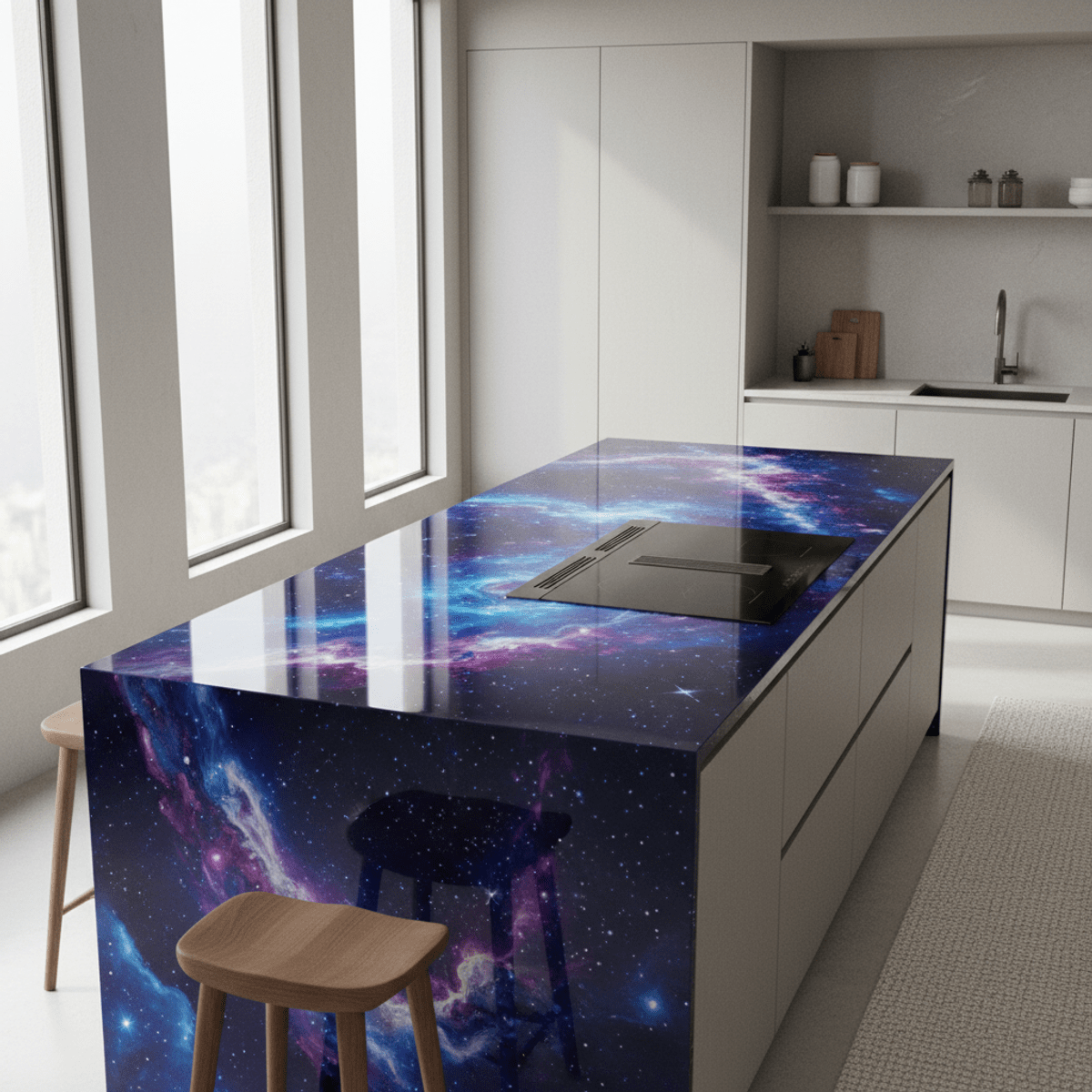 Midnight blue epoxy countertop with cosmic swirls and shimmering star dust.