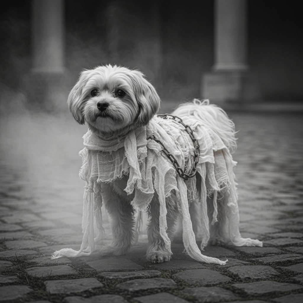 Small dog in a layered cheesecloth ghost costume with chains in a misty stone courtyard.