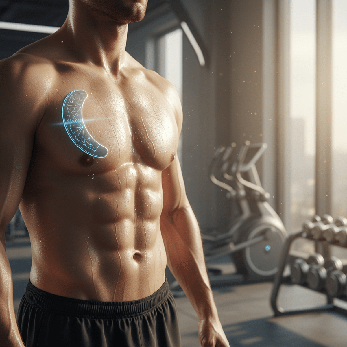 Athlete training with an ultra-slim, high-tech heart monitoring patch on chest.