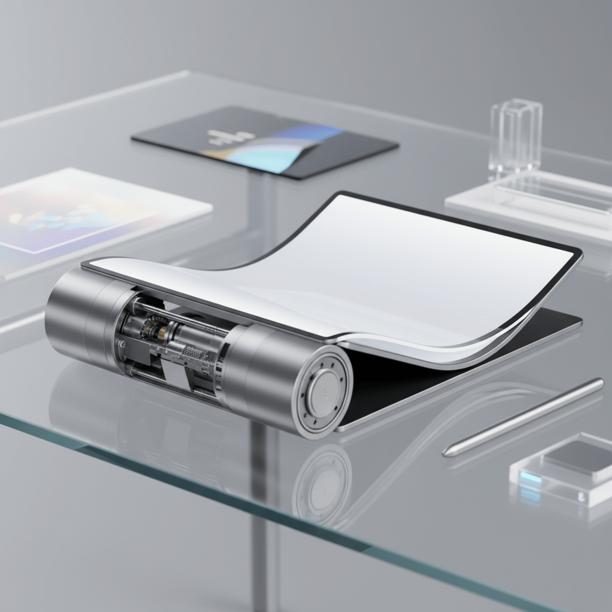 Futuristic foldable tablet with rollable OLED display mid-extension on a glass desk.