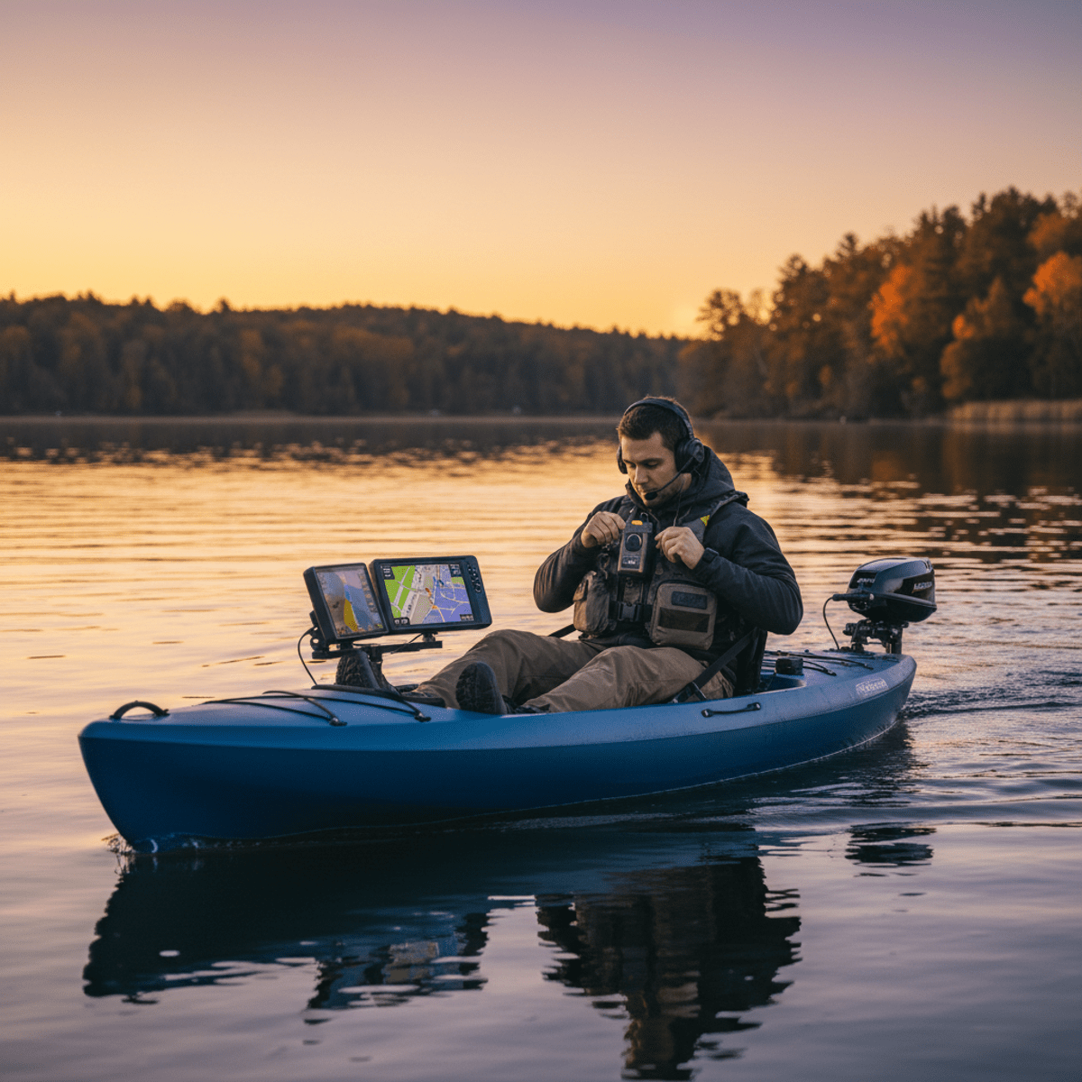 Kayak angler with trolling motor on serene lake at sunset. Angler in blue kayak with trolling motor on calm lake at golden hour.