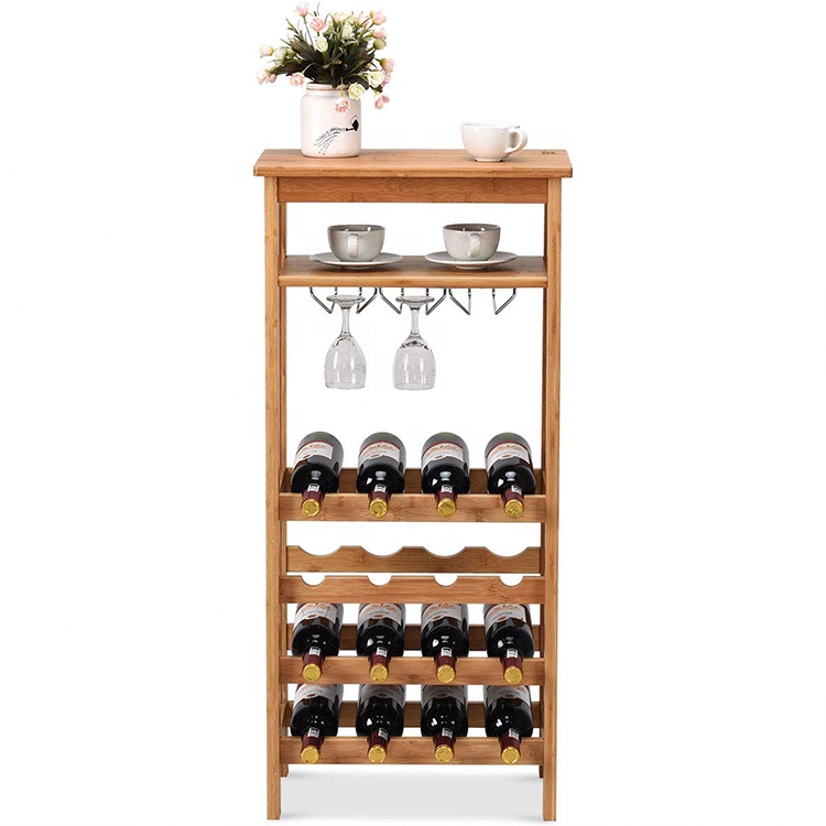 16-Bottle Wine Rack Free Standing Wine Storage Shelves Wine Display Bamboo Rack With Glass Holder