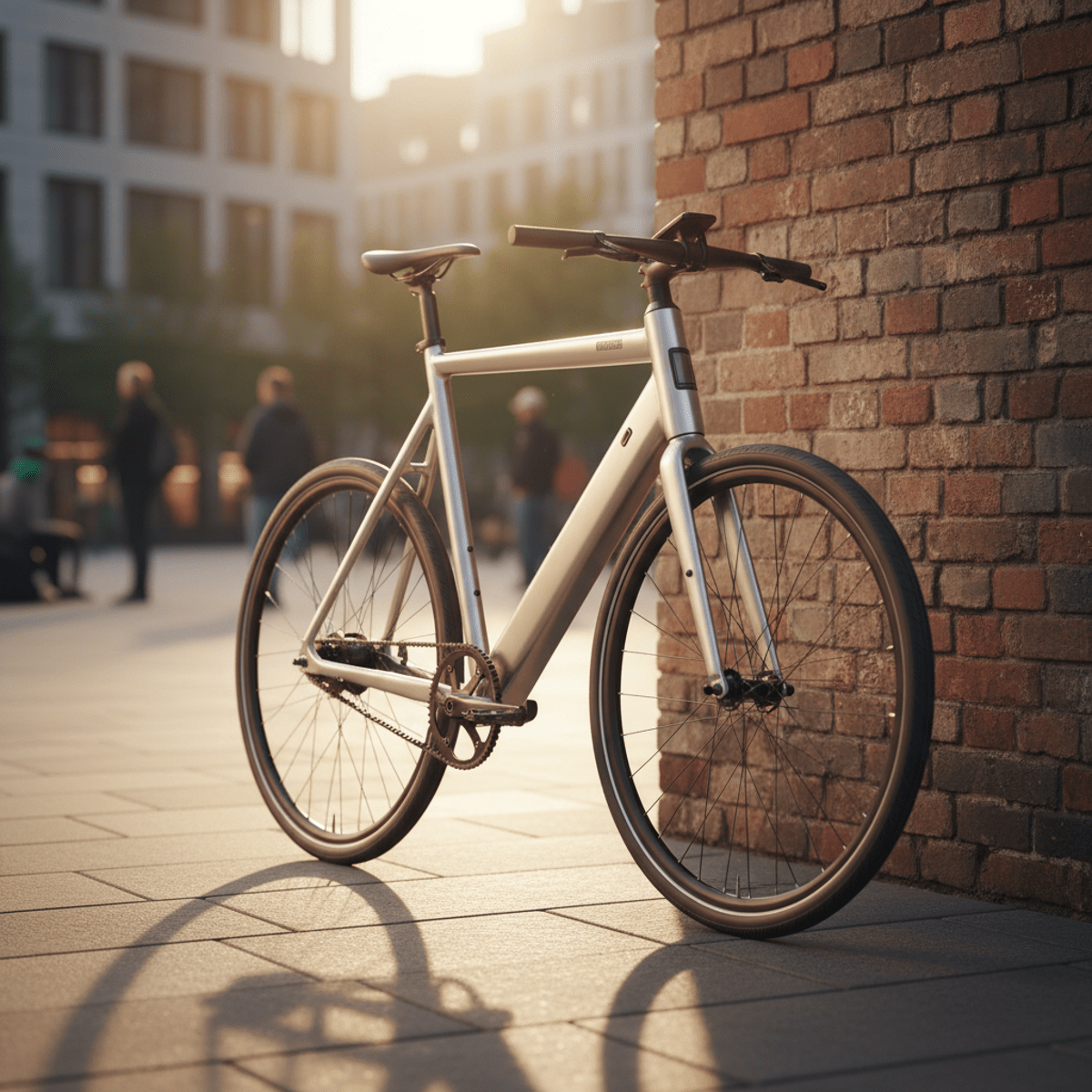 Single-speed e-bike with minimalist design rests against an industrial wall.