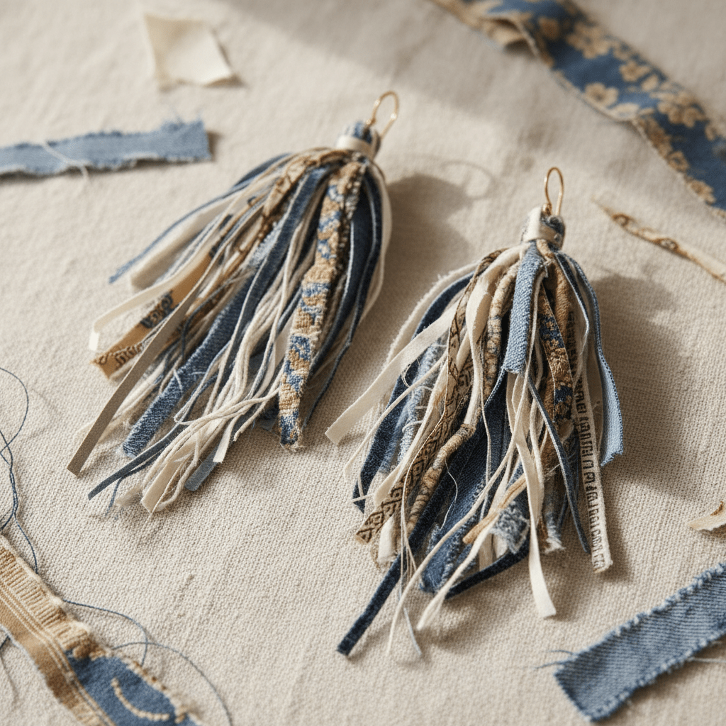 Avant-garde tassel earrings made of frayed denim, silk scraps, and vintage textiles.