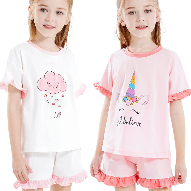 По индивидуальному заказу летняя хлопковая одежда с мультяшными персонажами для детей, одежда для сна, пижамы, комплекты с шортами для девочек