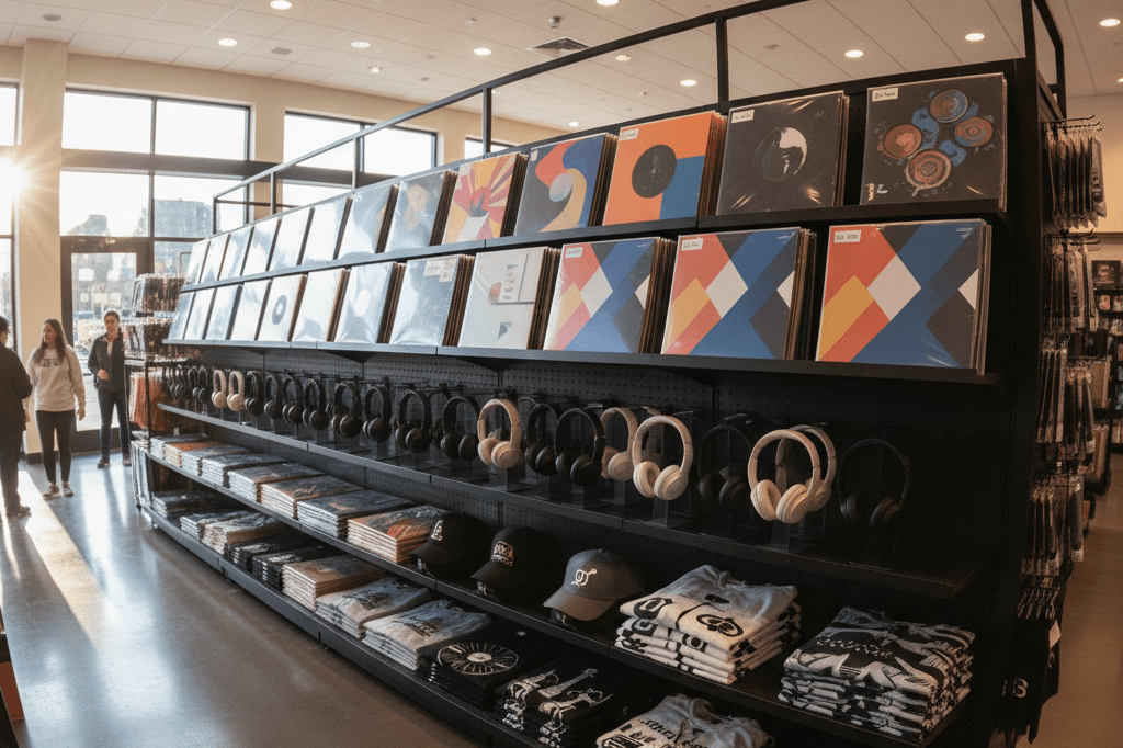 Shelves stocked with vinyl records, headphones, and themed apparel lit by warm ambient light, highlighting music merchandising potential