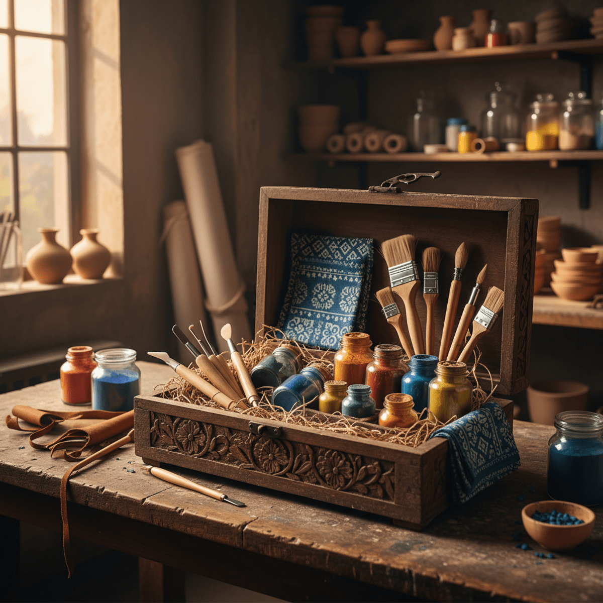 Open craft box with glazing tools, pigments, brushes, and fabric swatches.