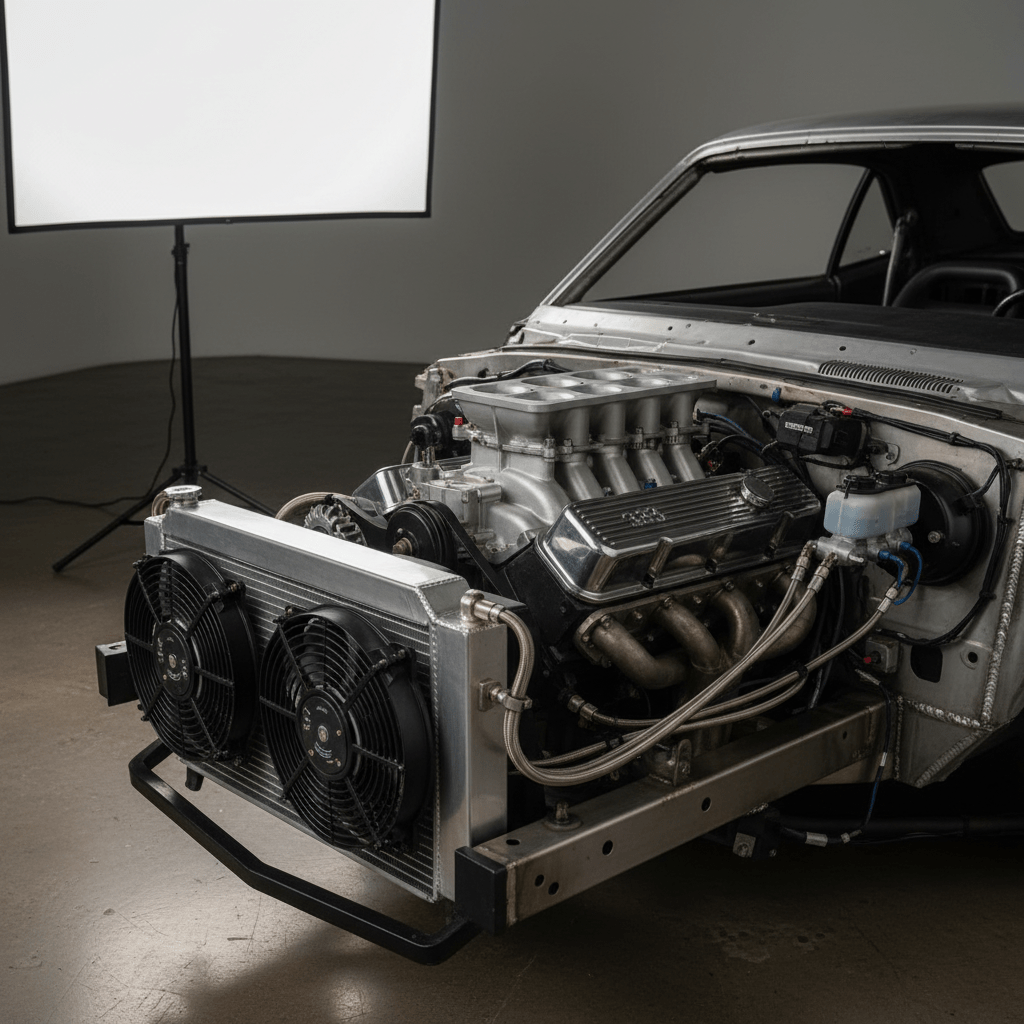 Exposed muscle car engine bay with crate engine, oil cooler, and large radiator.