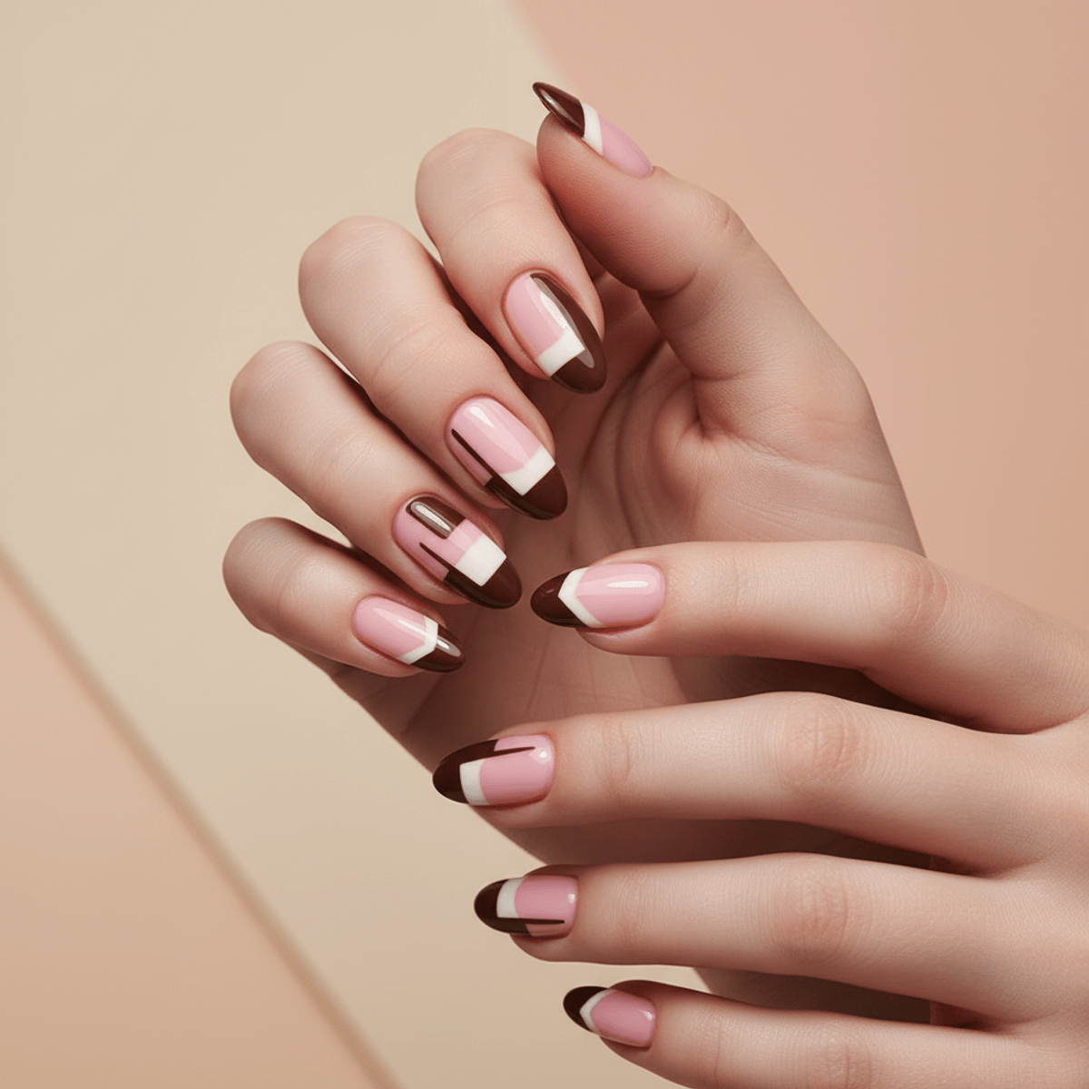 Studio shot of an ice cream manicure with modern French tips in brown, pink, and white.