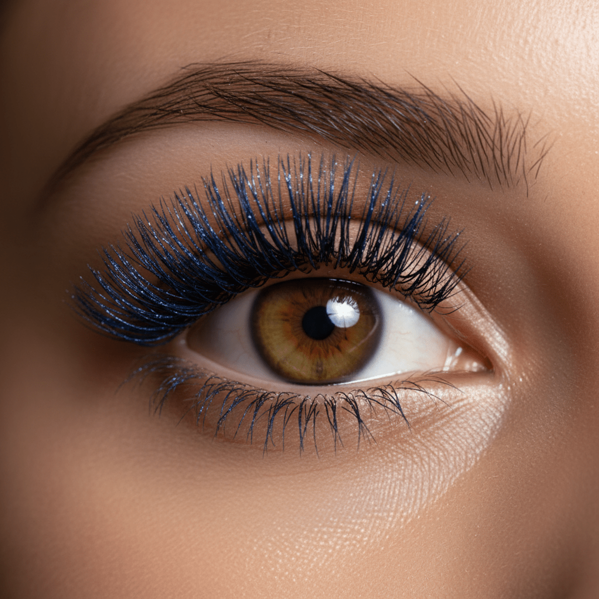 Extreme close-up of an eye with navy blue fiber mascara and iridescent sparkle.