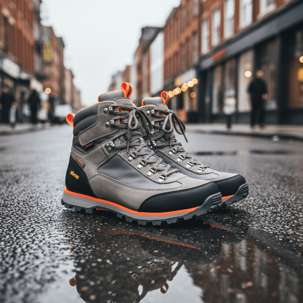 Sleek men's hiking boots in stone grey with neon orange accents on a wet city street.