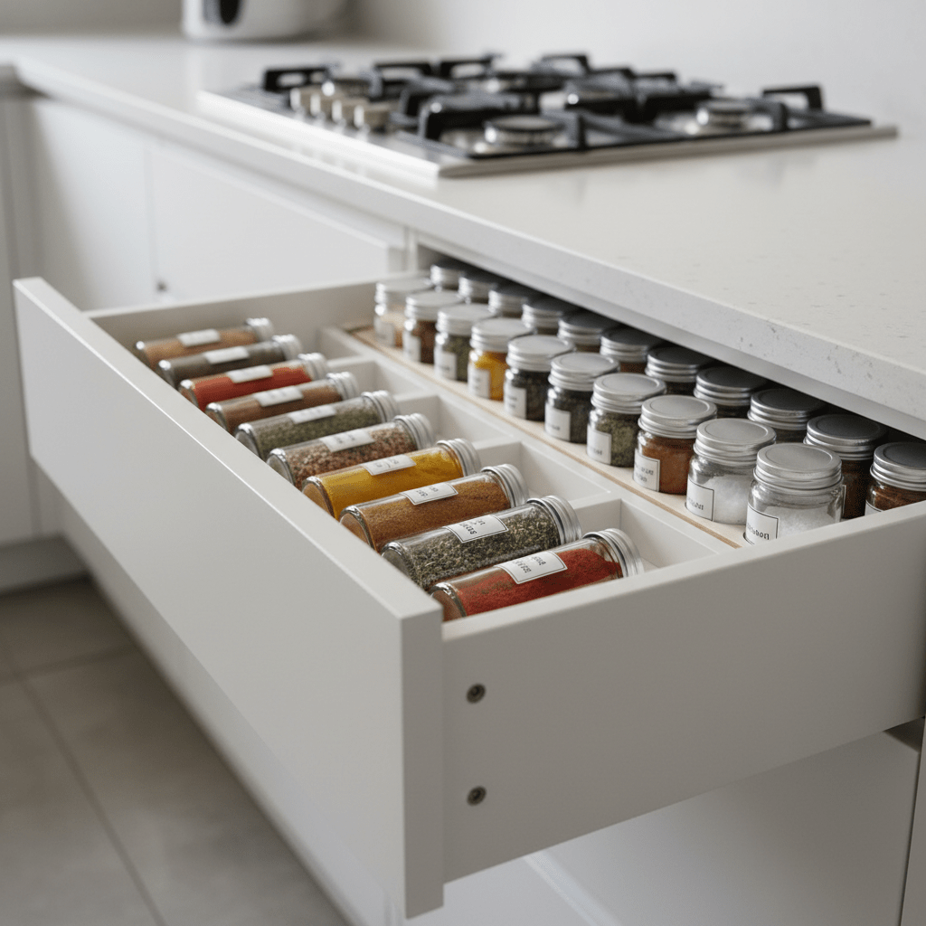 Sleek white kitchen drawer with custom insert holding labeled glass spice jars.