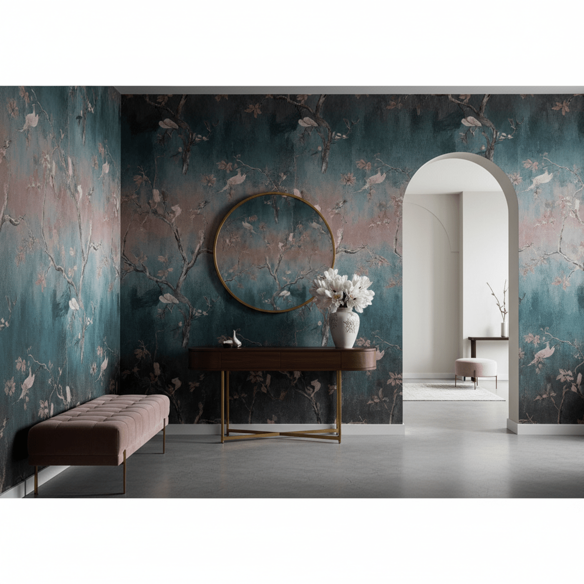 Chinoiserie entryway wallpaper with abstract botanical patterns. Modern Chinoiserie wallpaper with abstract botanicals and avian shapes in a moody entryway.