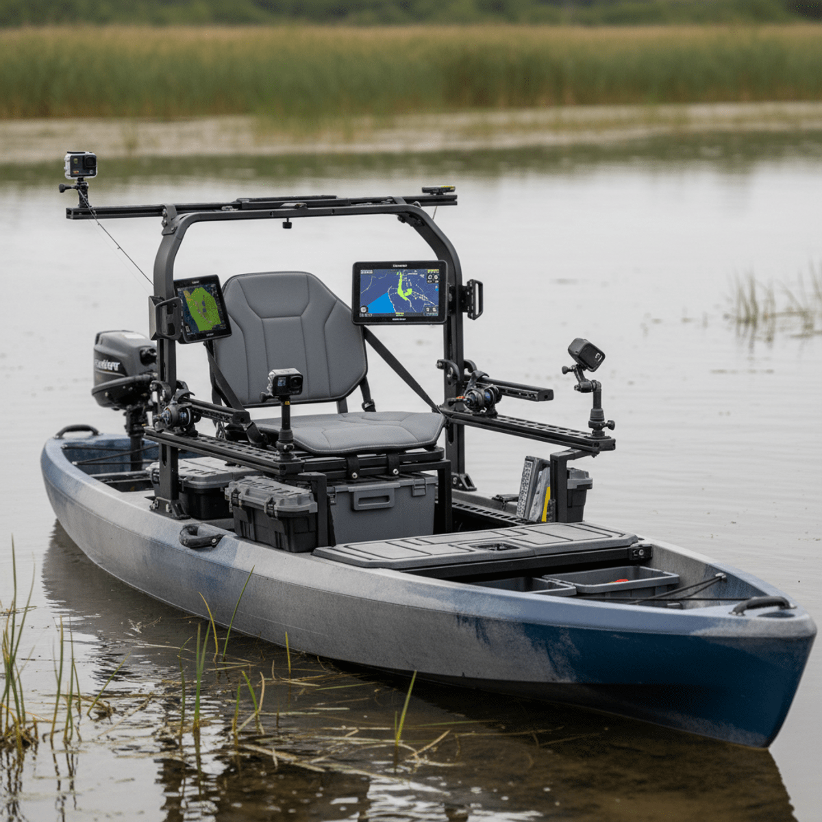 Advanced futuristic fishing kayak on calm waters Futuristic fishing kayak with advanced features floating in calm, reedy waters.