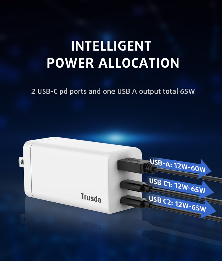 TRUSDA S21 лучшая 65 Вт быстрая дорожная настенная зарядка Gan Tech 3 USB порта 9 в 12 В для Iphone и 15 в 20 в ноутбуки оптом
