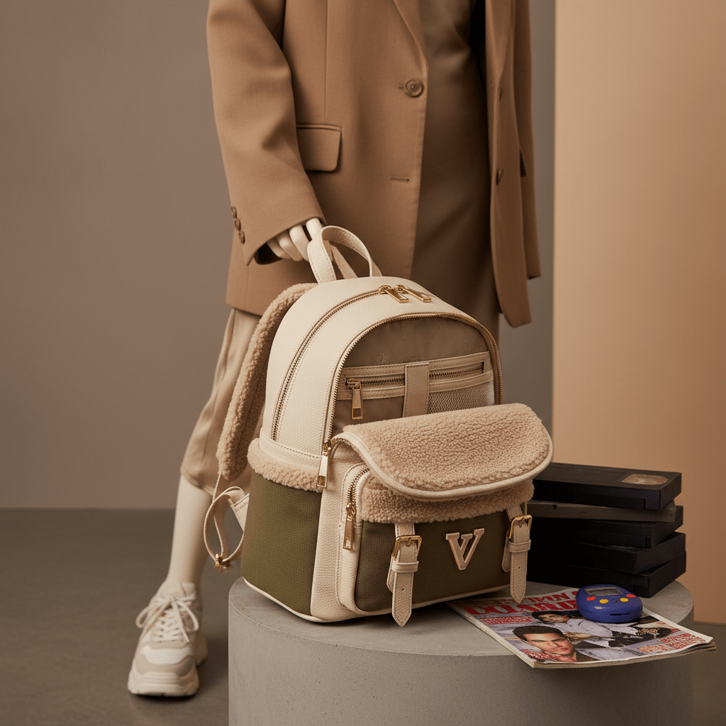 Elevated mini backpack with vegan leather, canvas, and shearling accents.